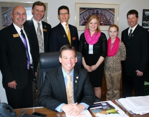 Jerry Demmer, Bruce Peterson, Tim Wiersma, Annie Tomschin, Grace Erickson and her father Dan visited with Sen. Dan Sparks, chair of the Senate jobs, agriculture and rural development committee during the Minnesota Corn Growers Association Day on the Hill Thursday.