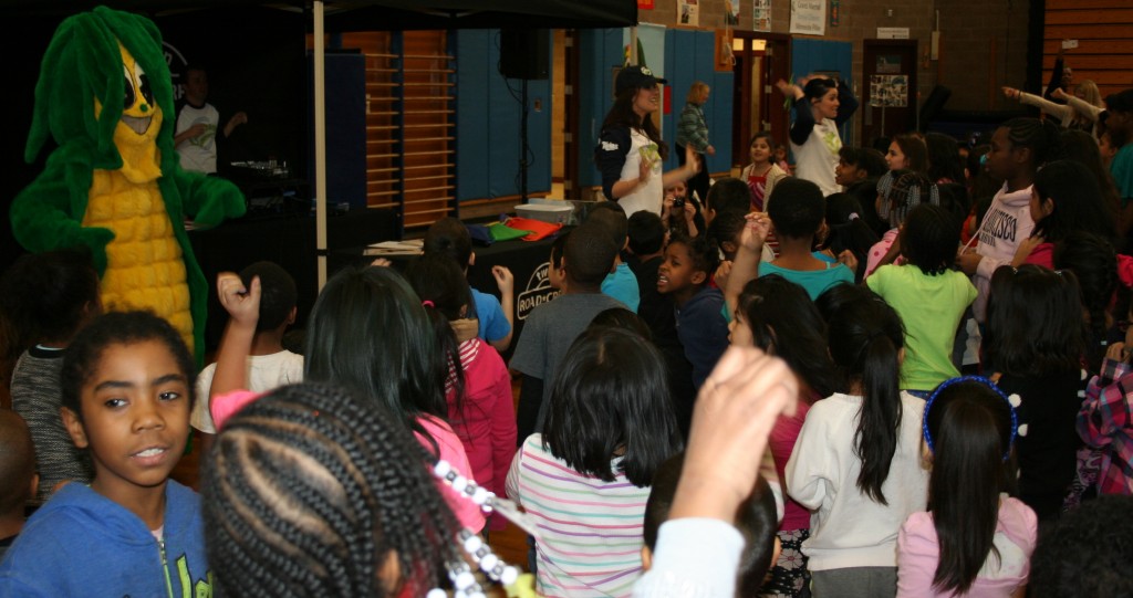 With support from MCGA, the Twin Cities Road Crew puts on corn-themed school assemblies throughout the Twin Cities metro area. Maizey is always a huge hit. Here is Maizey coming out to dance last Friday during the assembly at Richard Green Elementary.