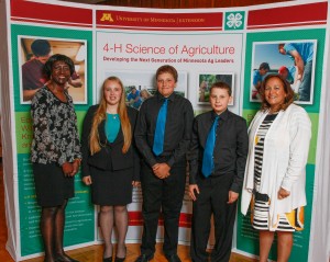 Kayla Kutzke, Ryan Peterson and Daniel Williamson are from Meeker County and won the 4-H Science of Agriculture Challenge. They are pictured with Dorothy Freeman, an associated Dean and state 4-H Director at the U of M and Bev Durgan, right, U of M Extension Dean.