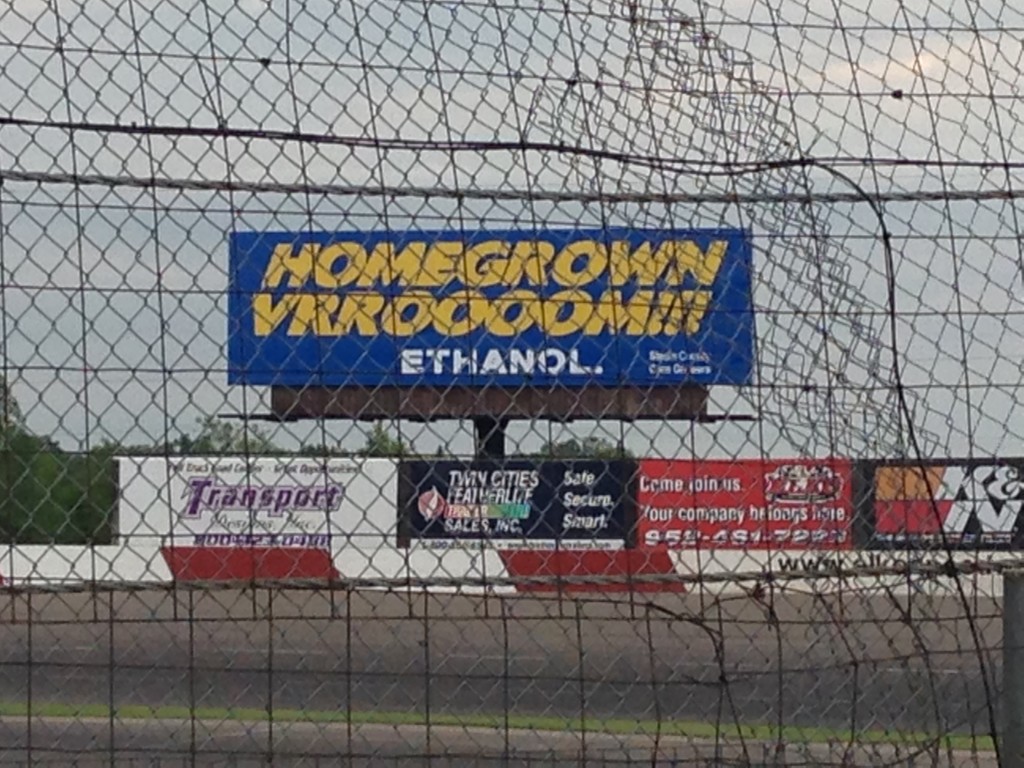 This "Homegrown Vroooom!" billboard promotes ethanol year-round at Elko Speedway.