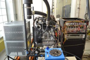 The BMW i3 engine (centered in the photo) is put to the test at the University of Minnesota Murphy Engine Laboratory.