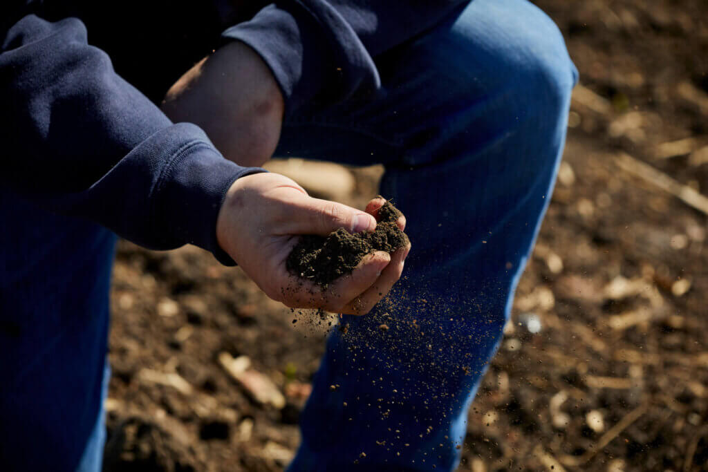 Person in blue jeans kneeling in the dirt, with a focus on their hand, full of dirt